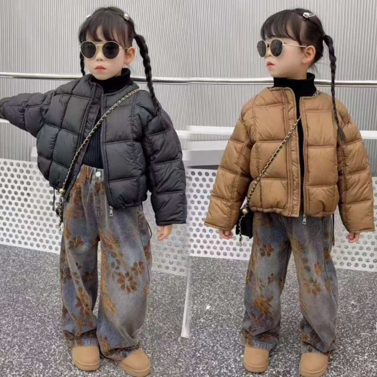 女童加厚保暖棉服外套设计感美式复古提花个性牛仔阔腿裤炸街套装