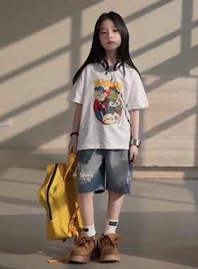 女童卡通印花短袖牛仔中裤套装