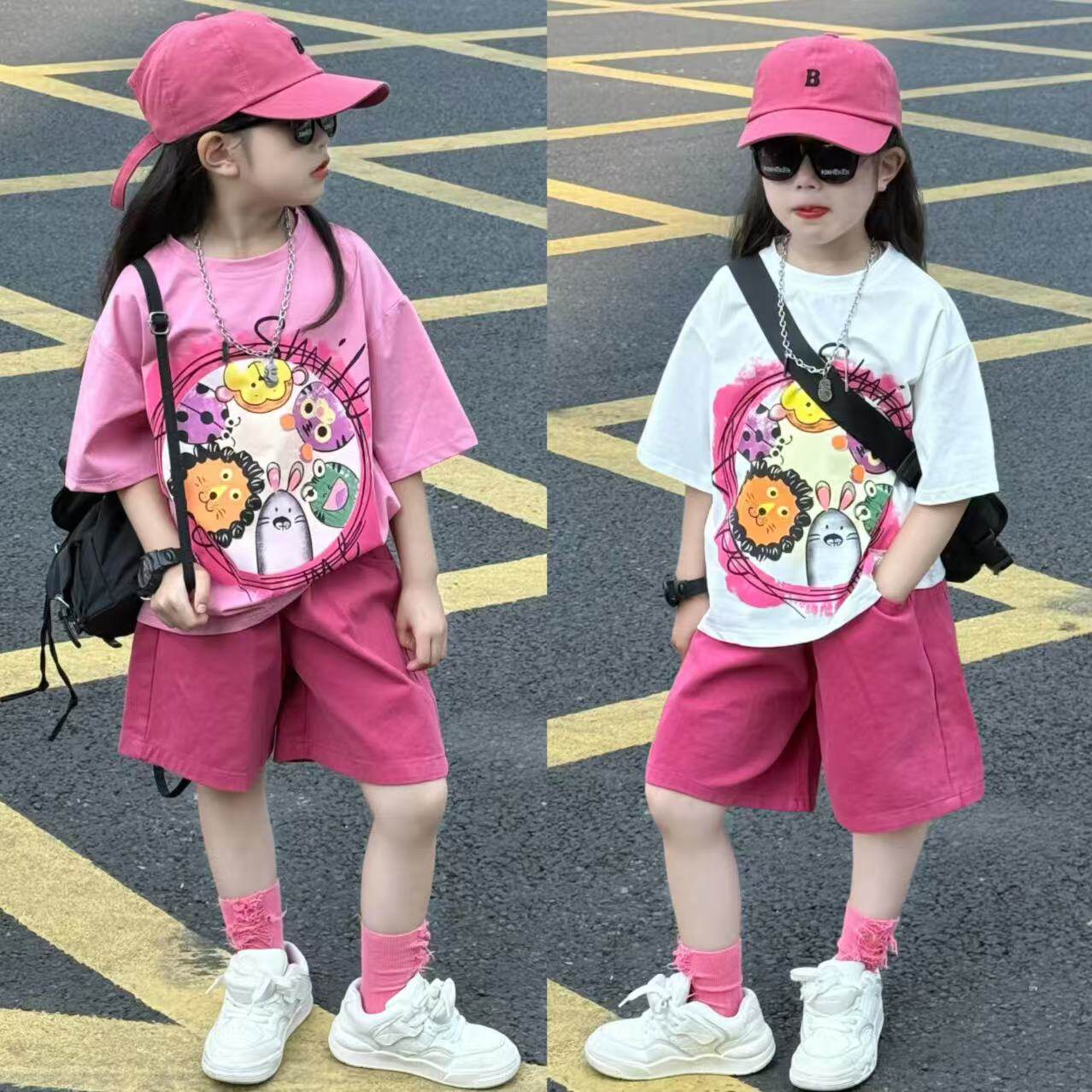 女童夏多巴胺卡通印花宽松短袖棉布时尚五分阔腿短裤休闲套装韩版