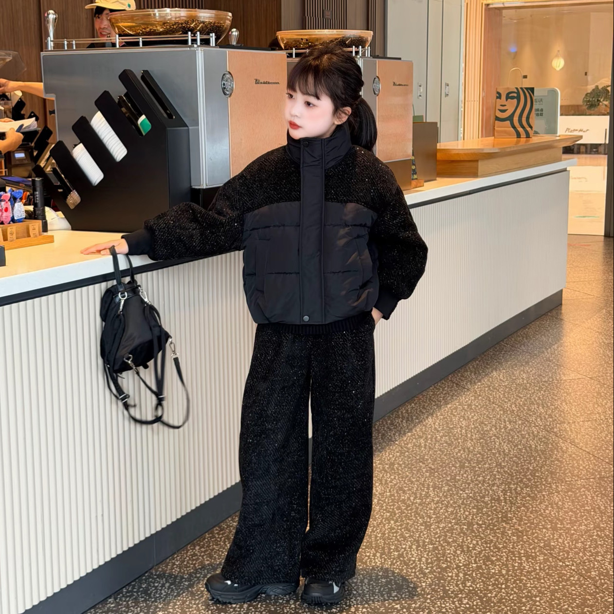 超好看设计感女童满天星短款拼接立领棉服休闲阔腿裤洋气套装潮酷