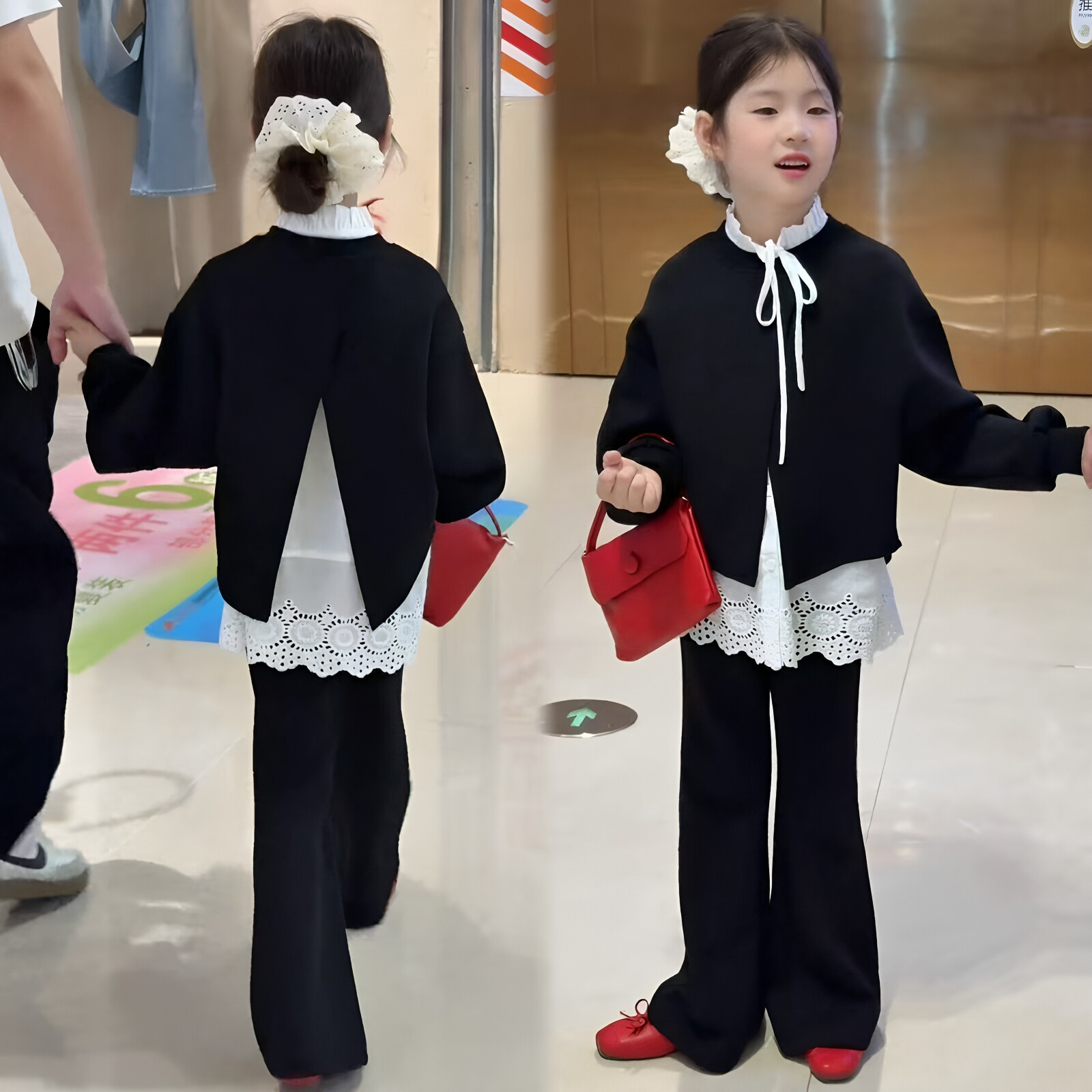 女童卫衣蕾丝打底衫喇叭裤三件套