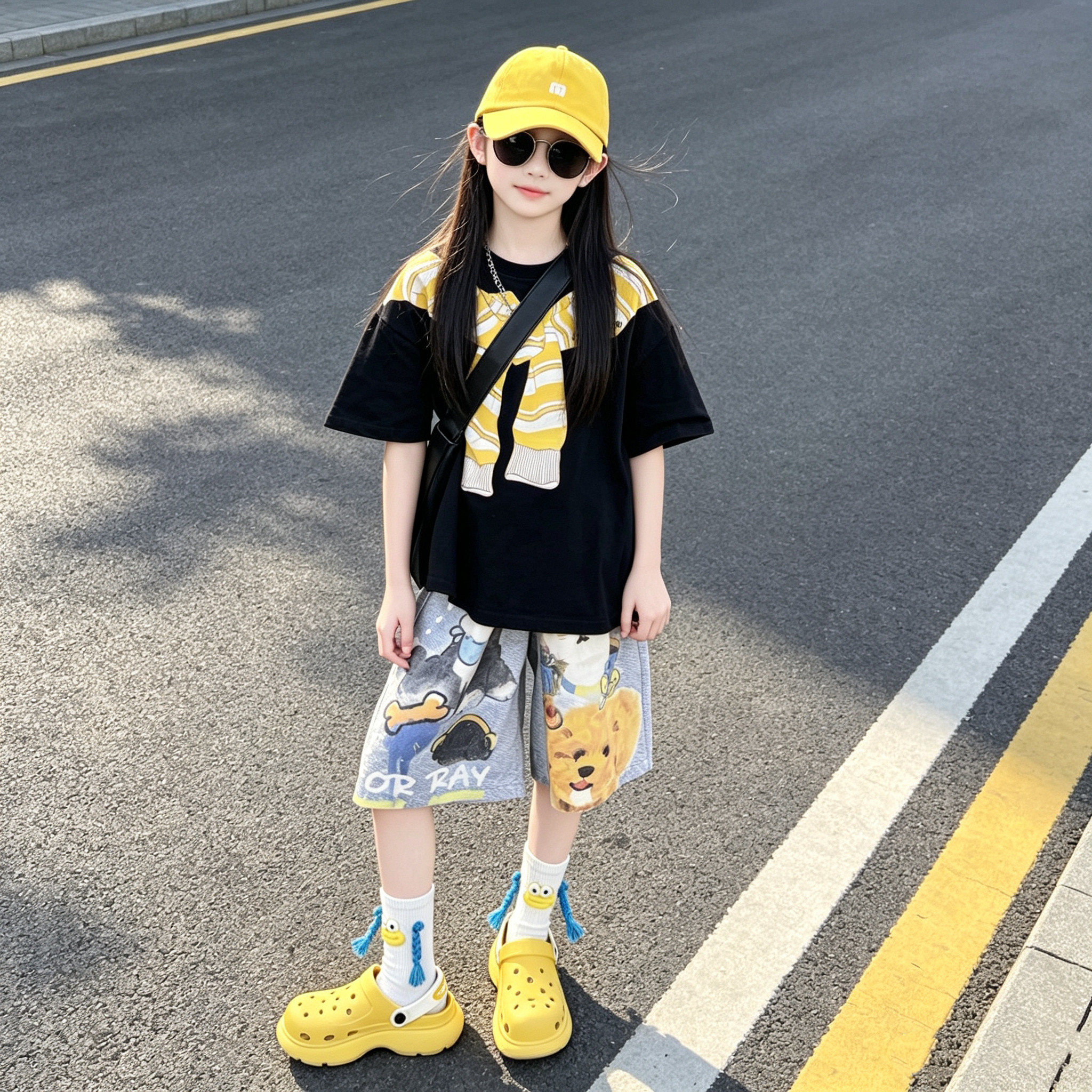 女童披肩印花短袖中裤套装潮