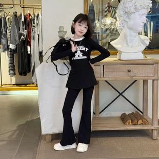 女童秋季甜酷美式复古修身上衣带屁帘高腰微喇裤显瘦运动套装潮流