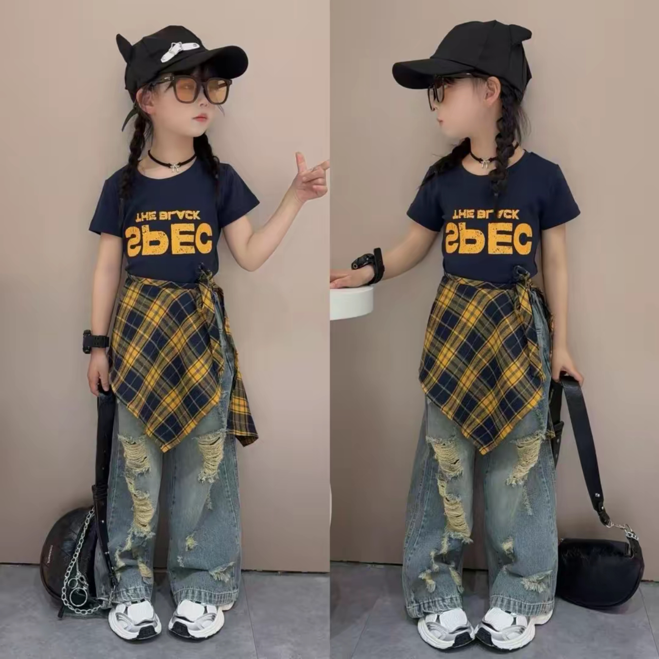 女童美式字母短袖破洞牛仔裤套装