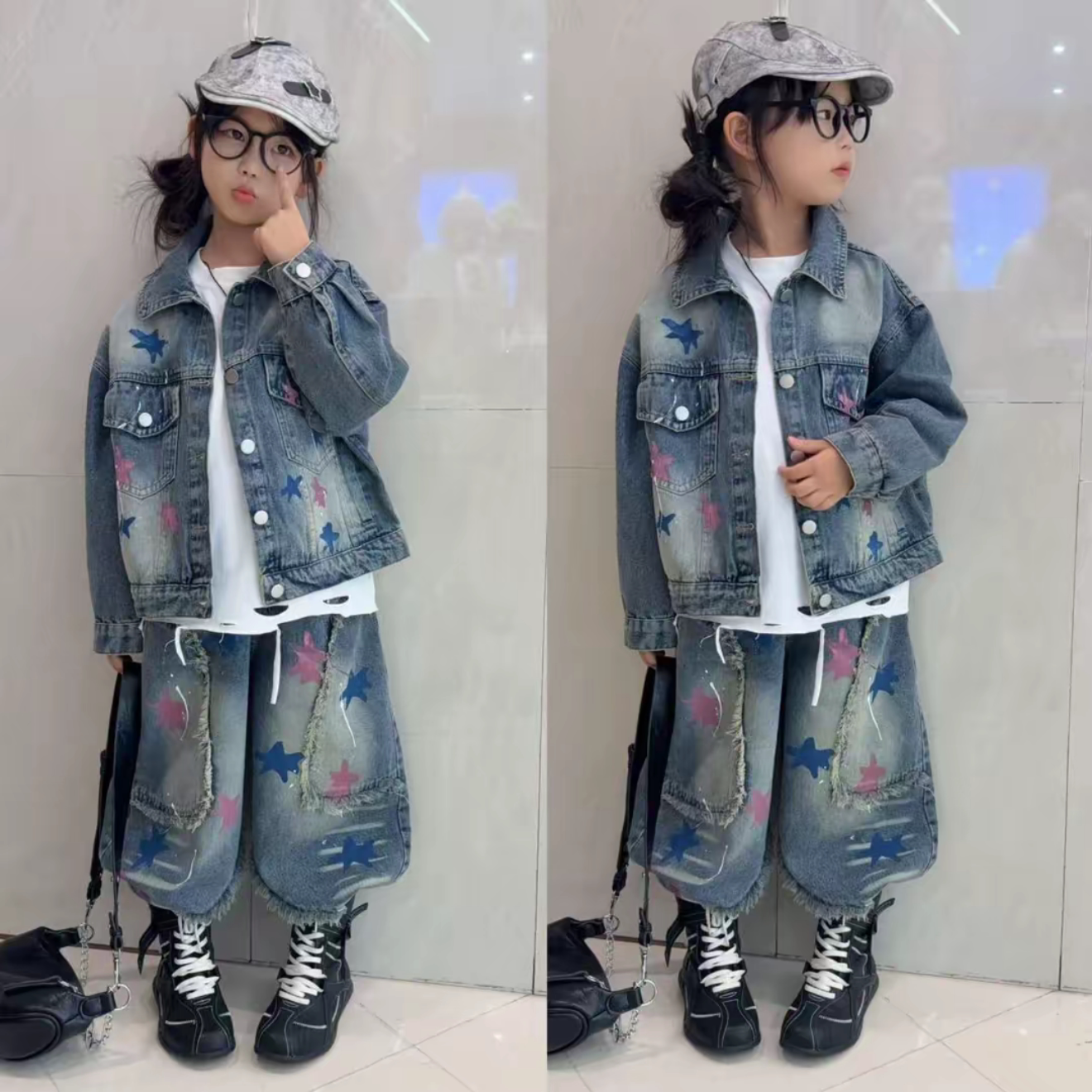 女童做旧牛仔外套毛边裤两件套