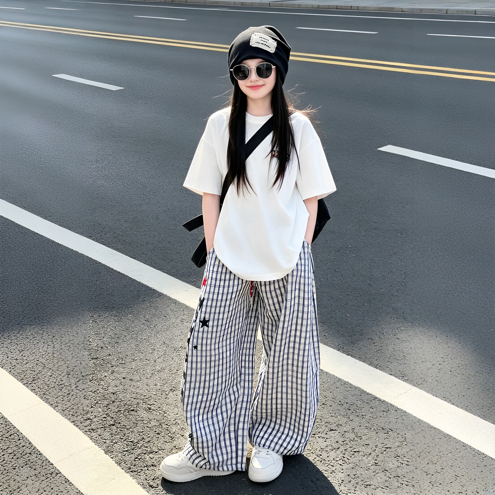 女童格子字母阔腿裤宽松短袖套装