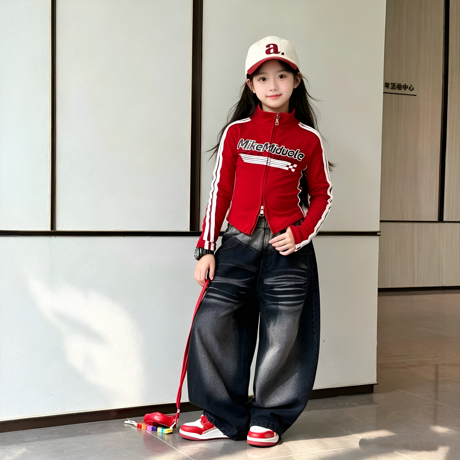 女童潮酷印花外套弯刀裤套装
