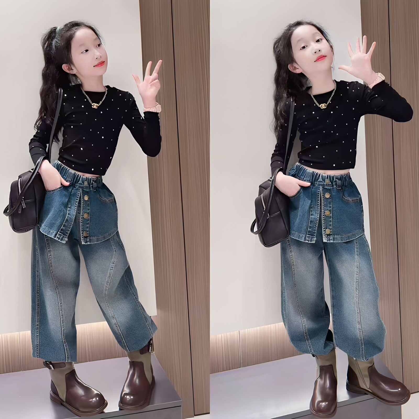 女童烫钻打底衫屁帘牛仔裤套装