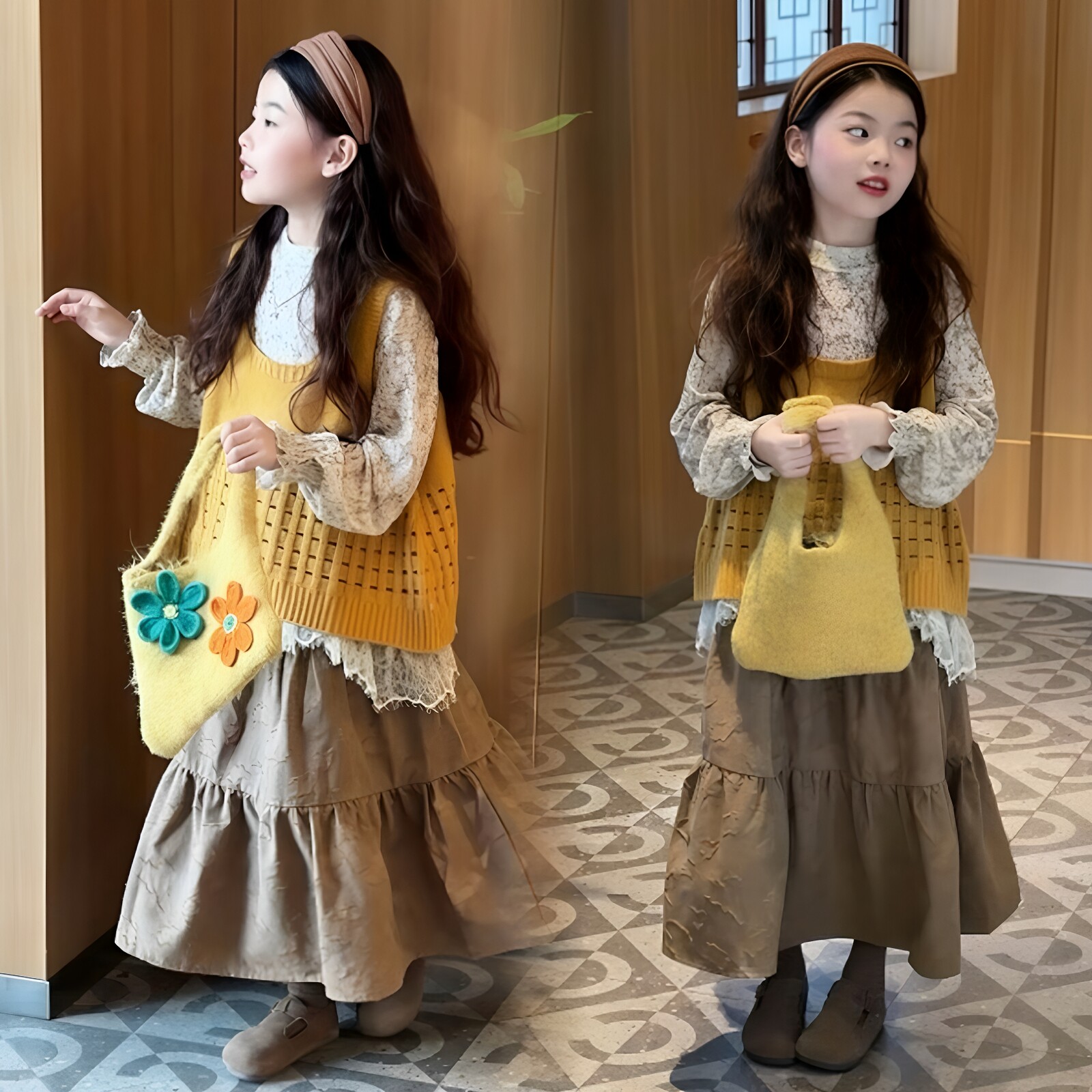 女童针织马甲打底衫半身裙三件套
