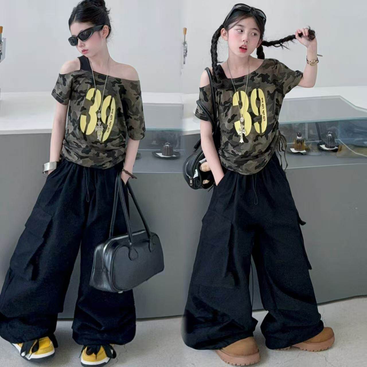 女童夏季酷飒美式迷彩辣妹斜肩露肩抽绳短袖工装裤爵士街舞套装潮