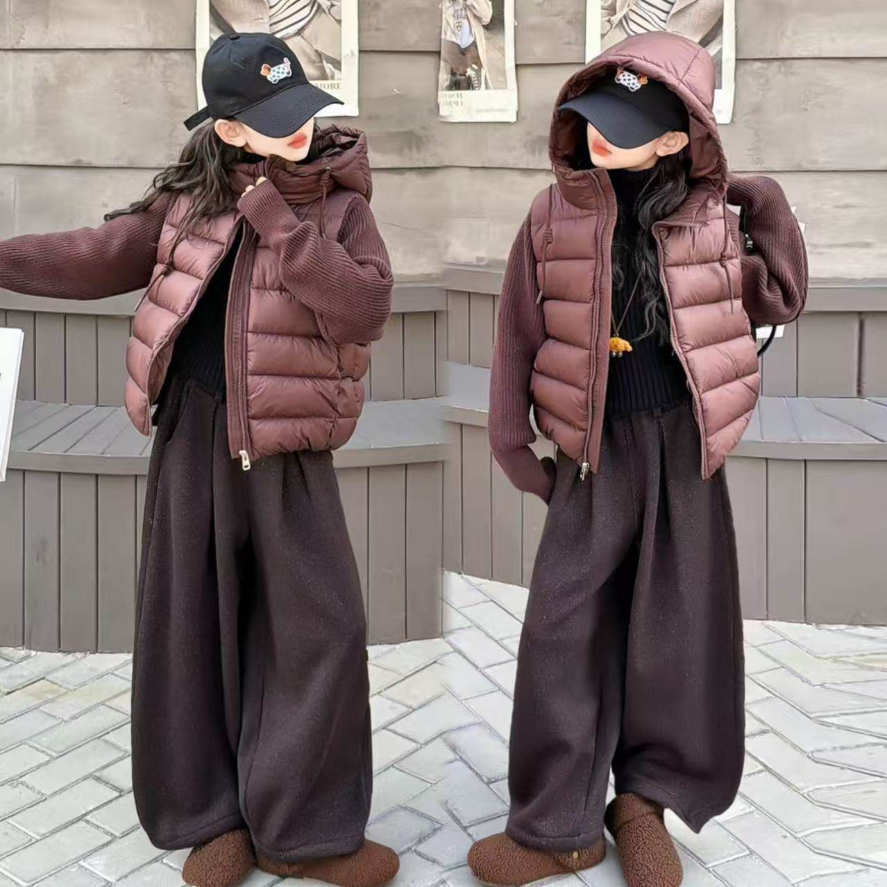 女童针织袖拼接棉服哈伦裤套装