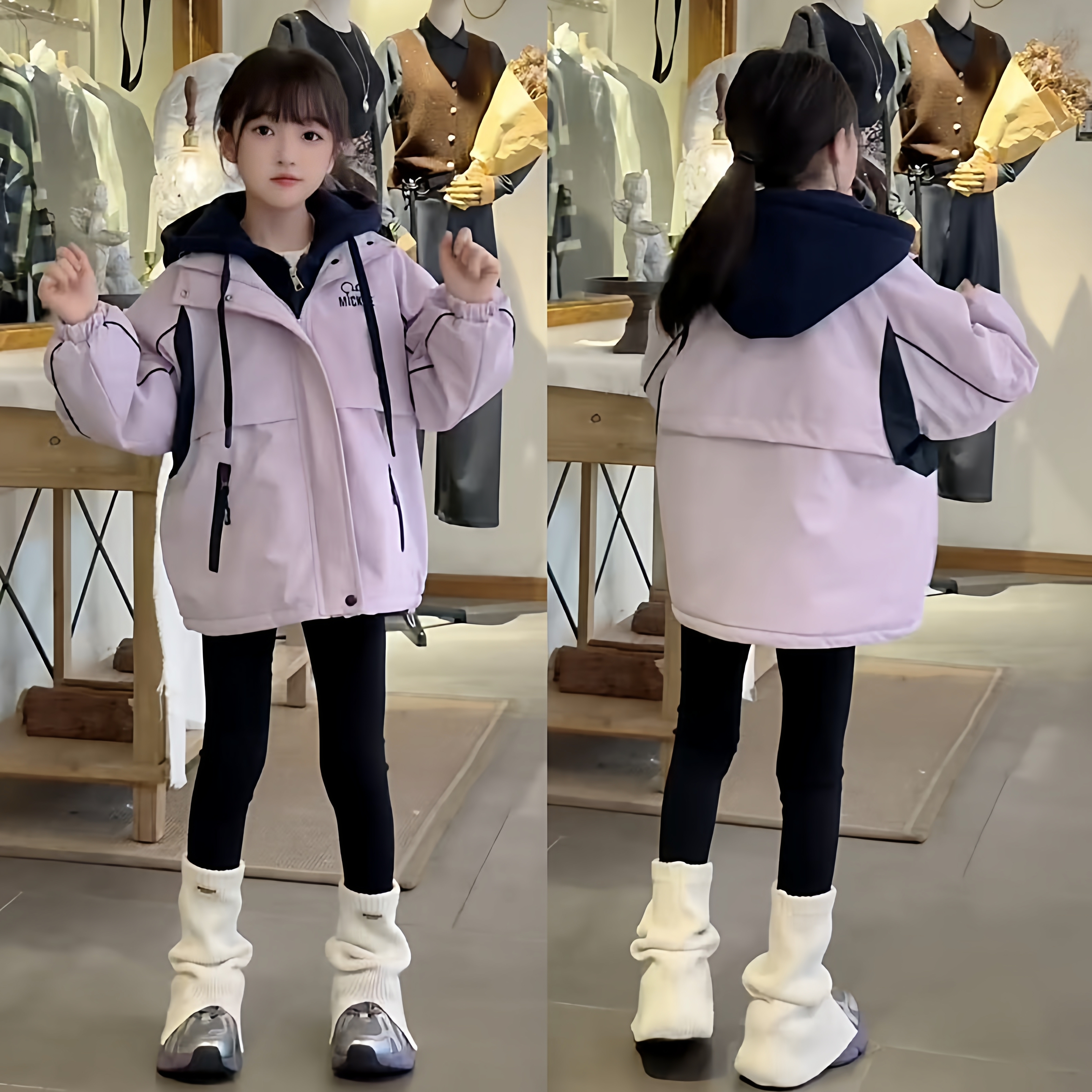 女童假两件加厚连帽冲锋衣