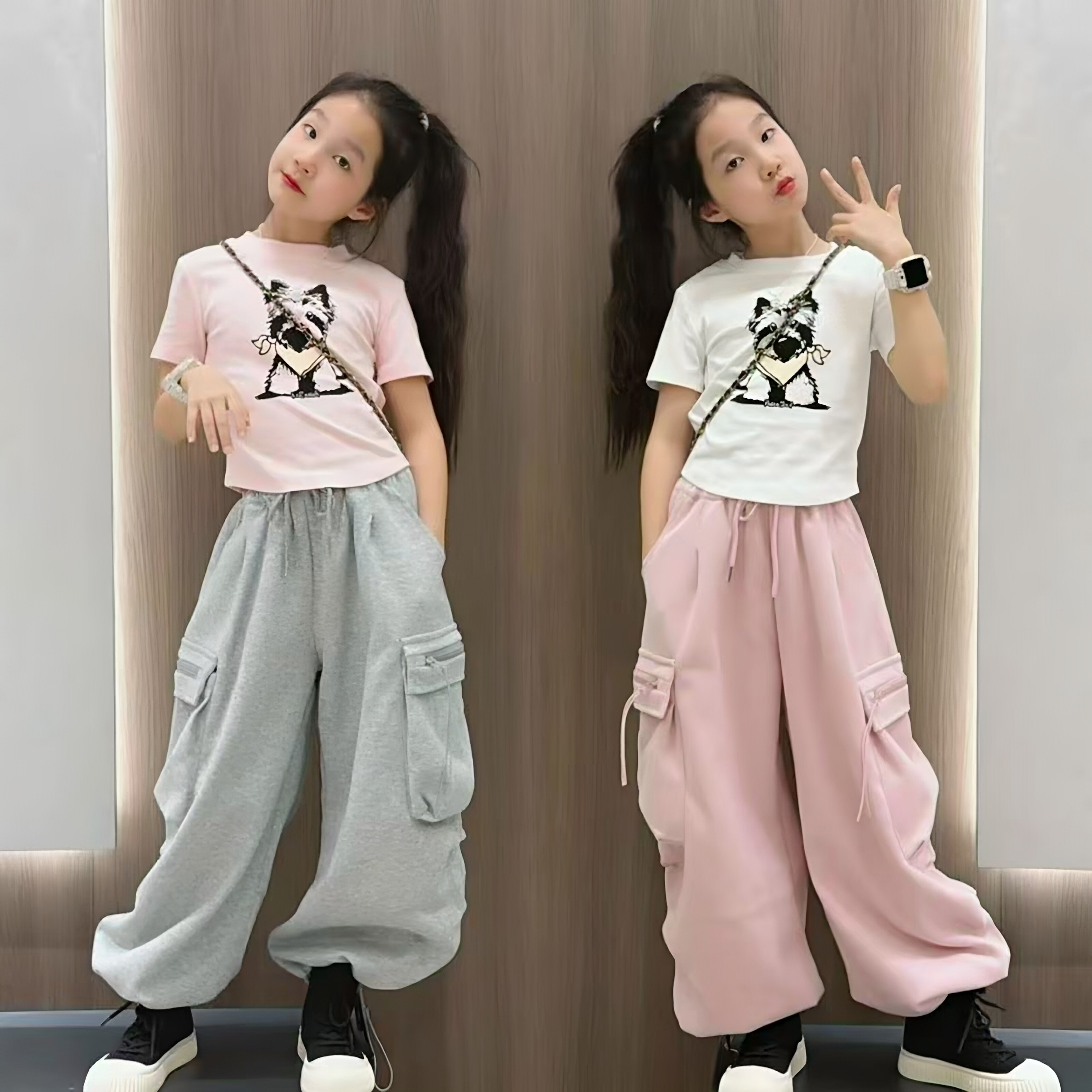 女童短款卡通小狗T恤工装裤套装