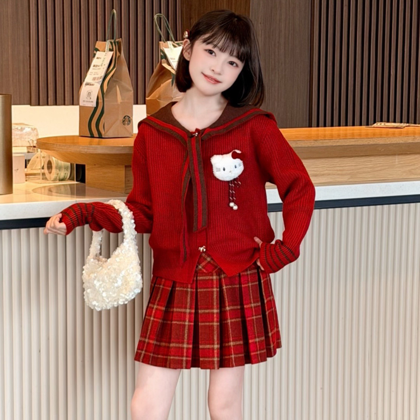 女童学院风红色海军领毛衣格子百褶裙本命年中大童拜年服喜庆套装