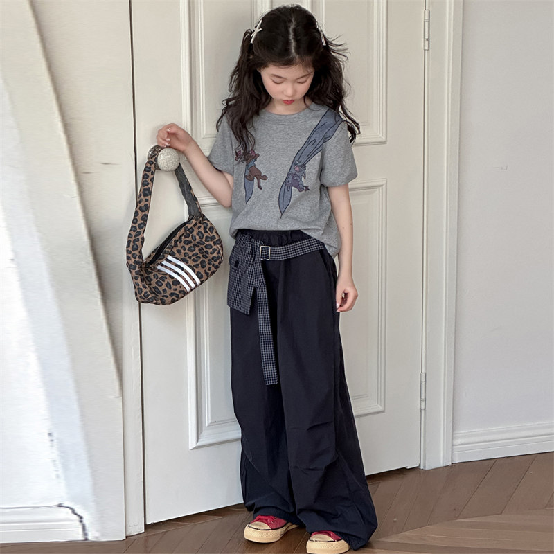 女童韩系学院风卡通创意印花短袖休闲工装阔腿裤时髦初中生套装潮