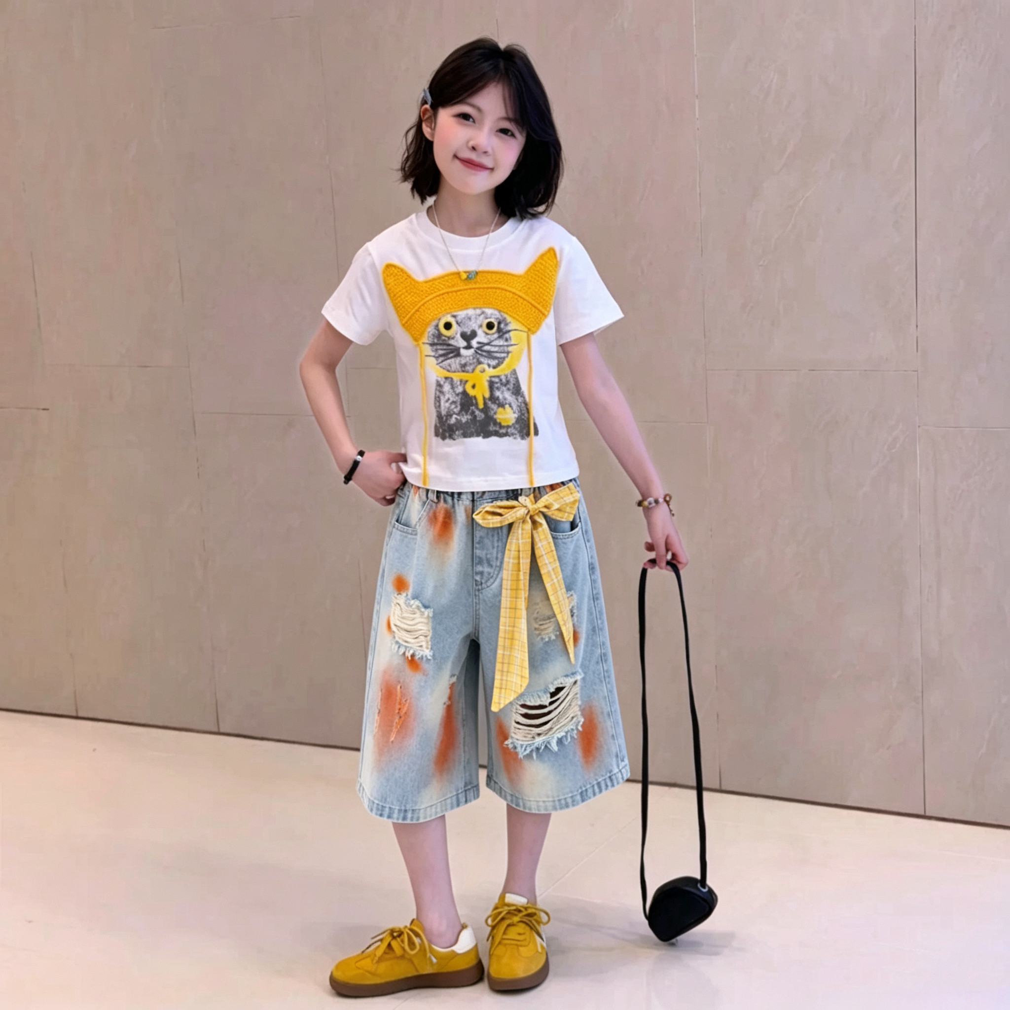 女童美式破洞牛仔中裤短袖套装