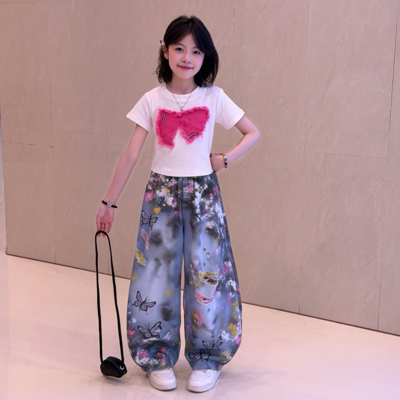 韩系蝴蝶T恤短袖女童显瘦百搭气质2026夏季蝴蝶破洞阔腿裤两件套9