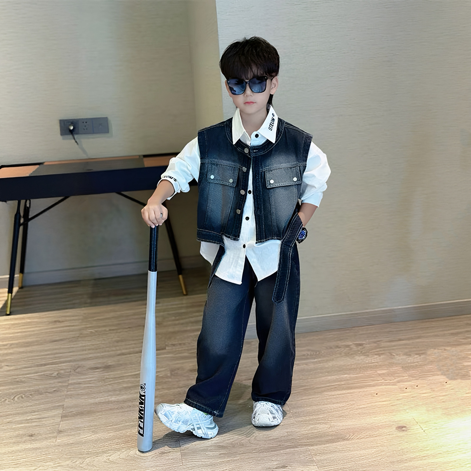 男童痞帅马甲衬衫牛仔裤三件套