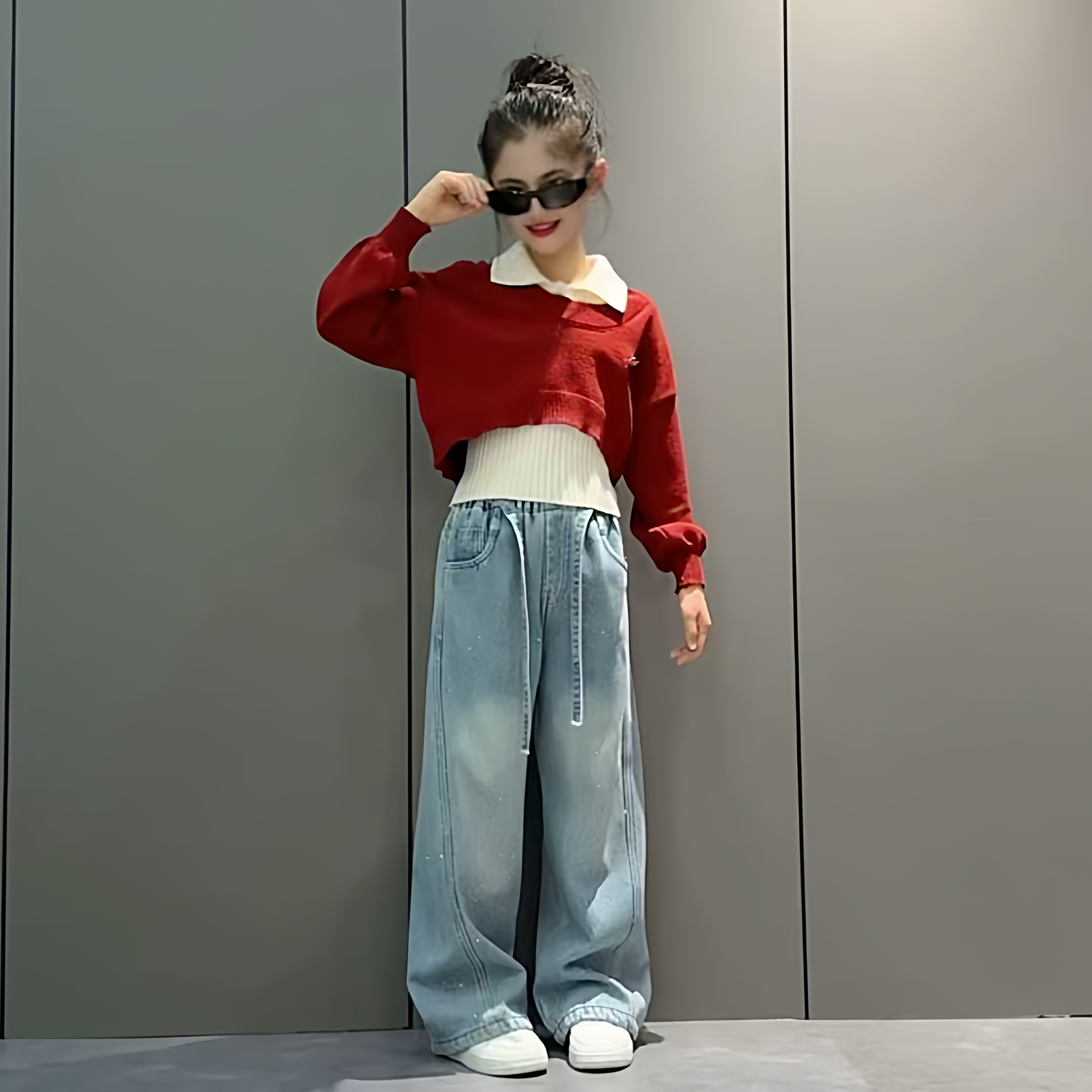 女童设计感POLO领红色本命年针织衫毛衣烫钻牛仔加绒裤洋气套装潮