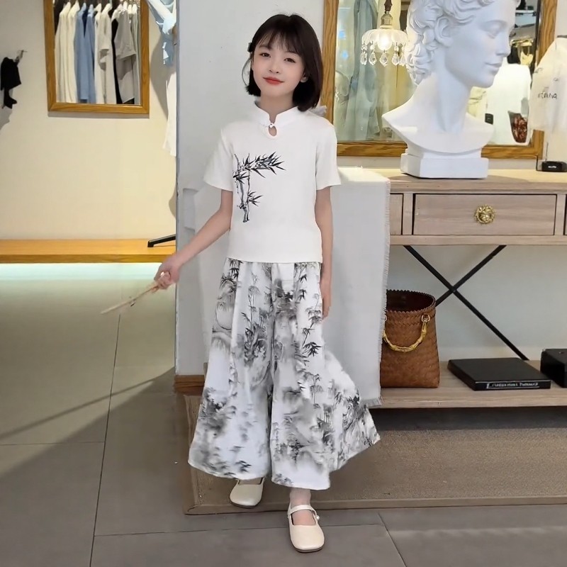 女童竹叶盘扣短袖阔腿裙裤套装