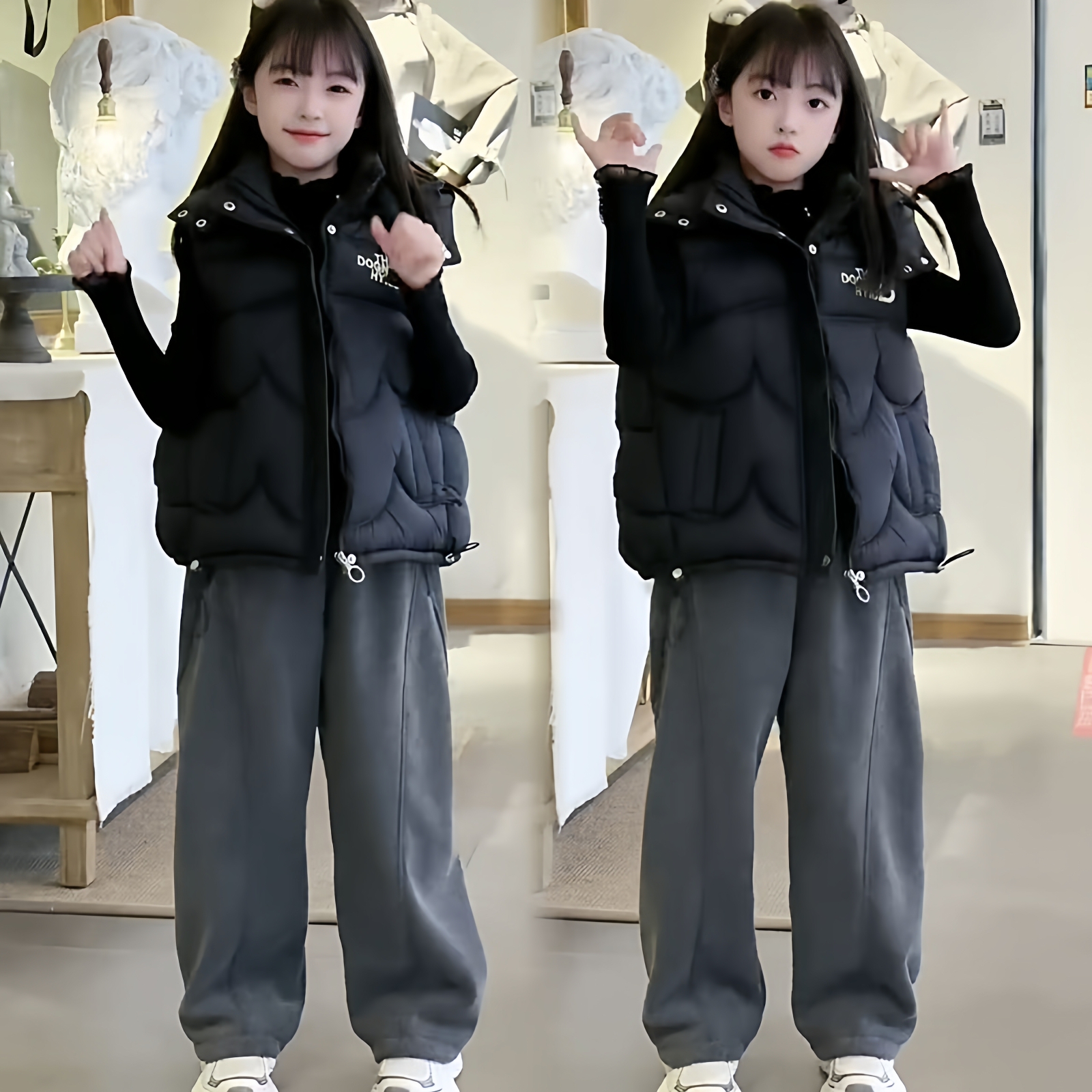 女童连帽马甲毛衣弯刀裤三件套