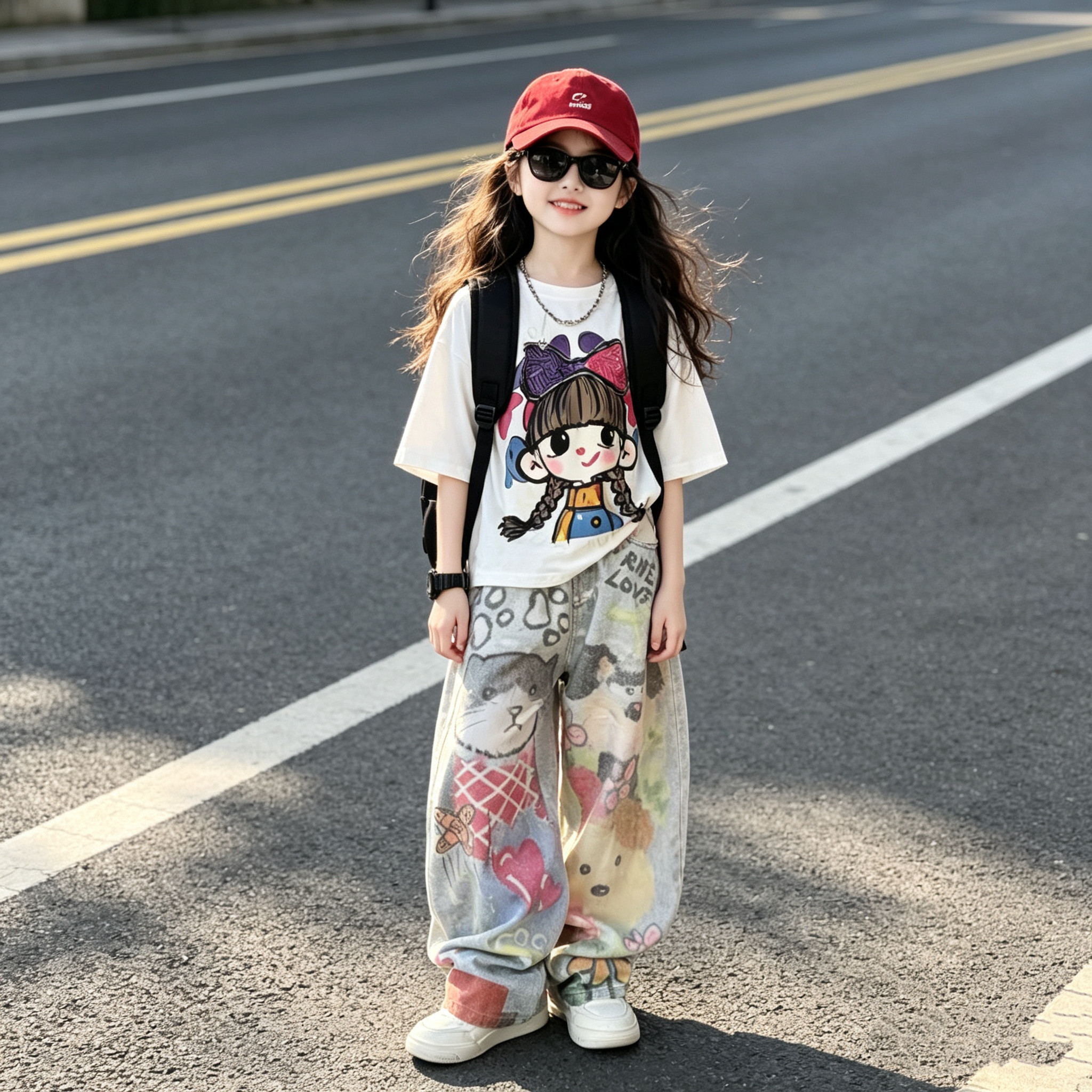 韩版女孩印花短袖涂鸦牛仔裤套装