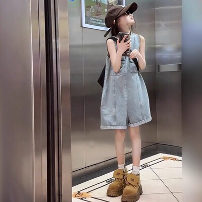 女童高级感工装无袖牛仔连体短裤