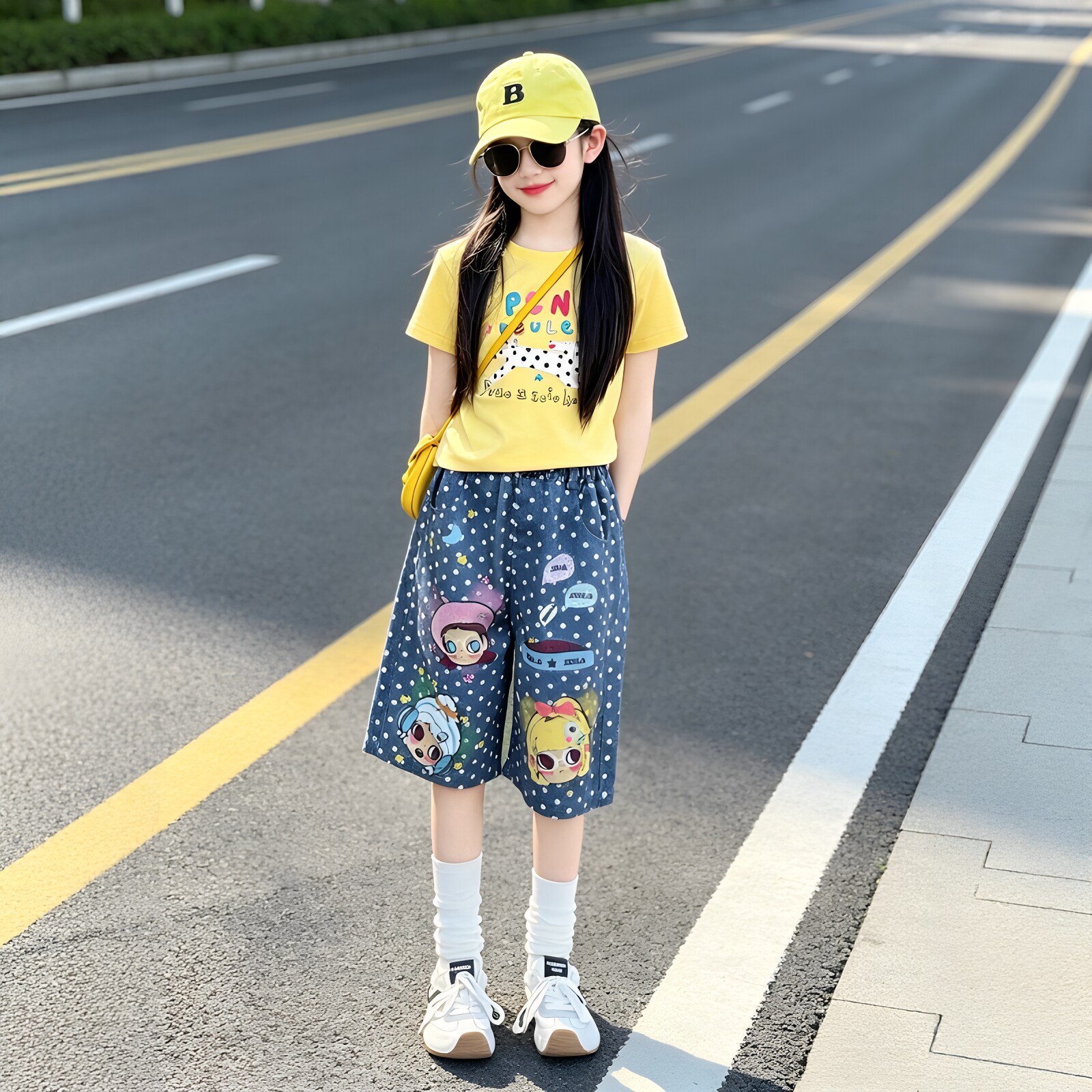 女童斑点狗印花短袖牛仔裤套装