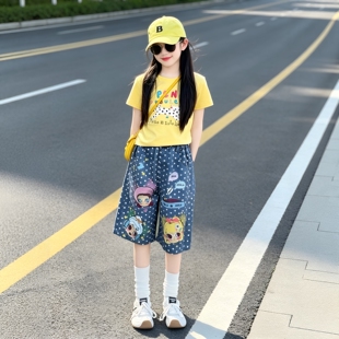 多巴胺夏季美式卡通斑点狗印花黄色短袖设计感涂鸦牛仔五分裤套装