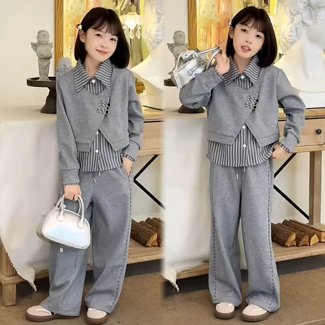 女童秋季超好看加厚一体绒设计感假两件POLO领卫衣阔腿裤洋气套装