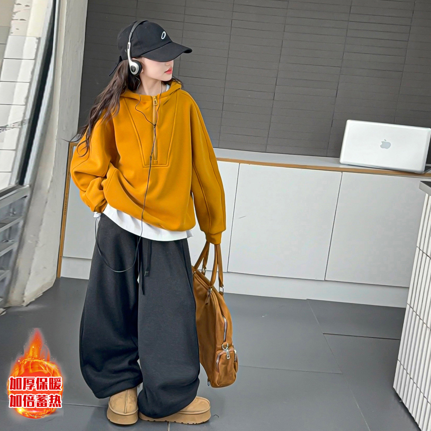 女童加厚一体绒纯色潮牌半拉链连帽卫衣休闲弯刀裤中大童运动套装