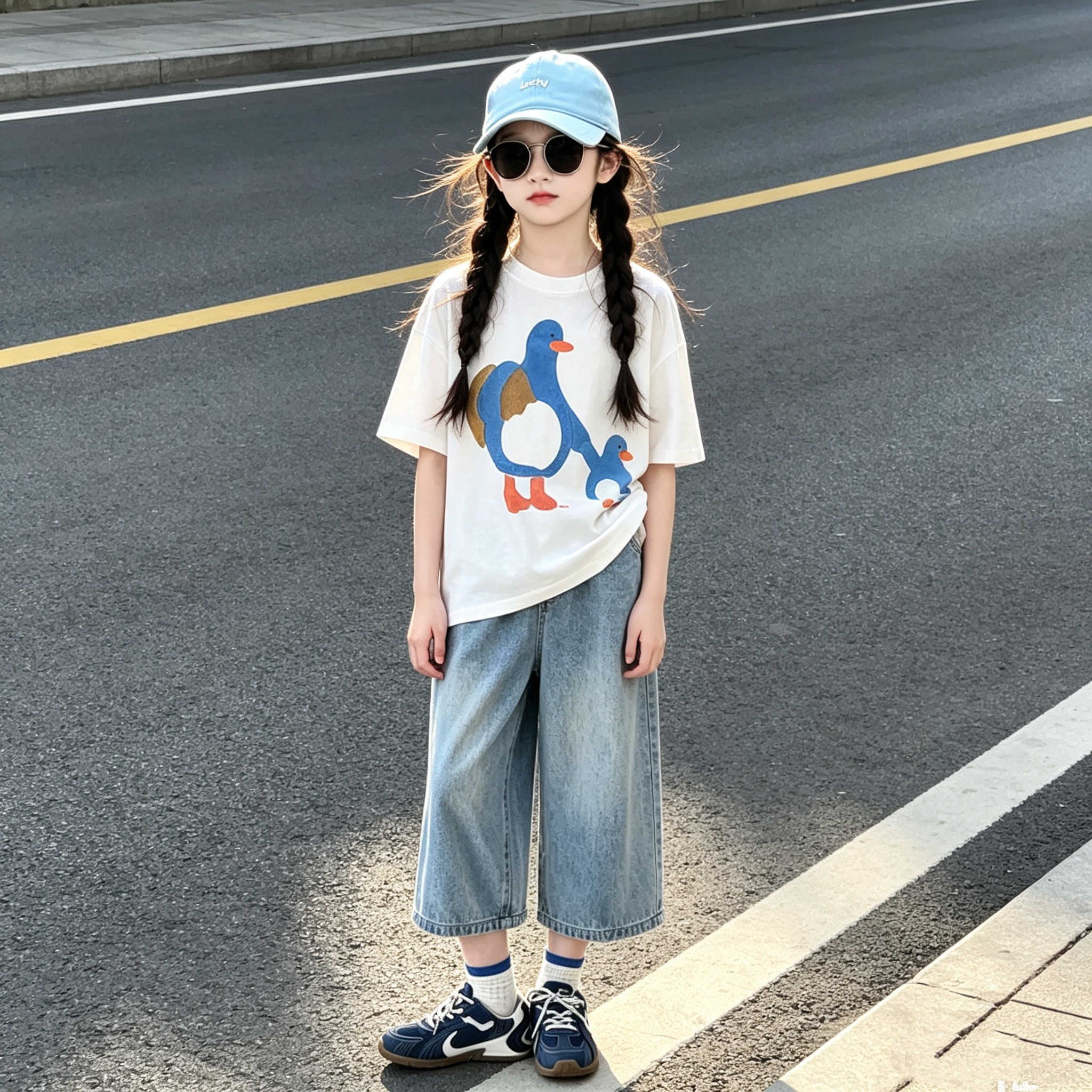 女童企鹅印花短袖八分牛仔裤套装
