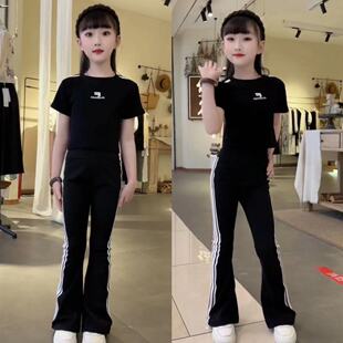 运动套装 中大童瑜伽服两件套韩版 2024拉条短袖 喇叭裤 修身 女童夏季
