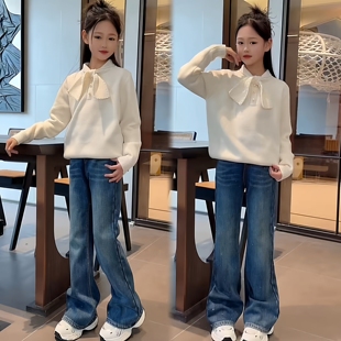 女童韩系小香风甜美钉珠蝴蝶结毛衣重工满天星加绒牛仔喇叭裤套装