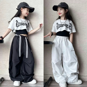 女童美式字母短袖工装裤套装