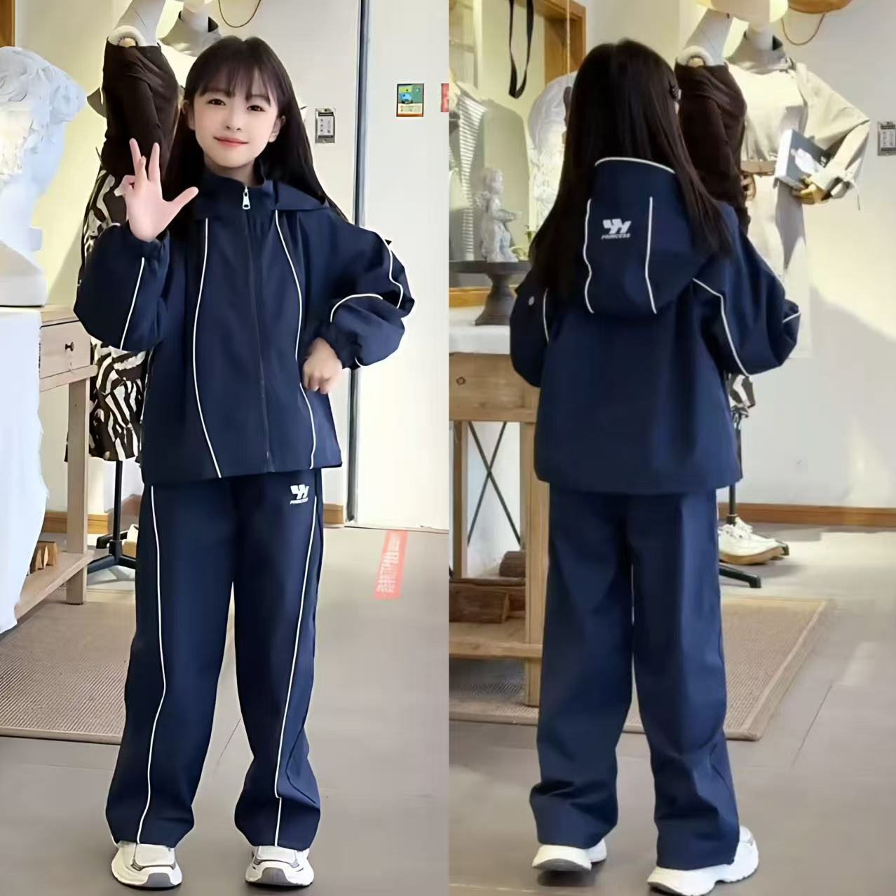 女童连帽冲锋衣外套阔腿裤两件套