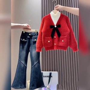 女童秋冬新款假两件拼色甜美蝴蝶结毛衣加绒显瘦牛仔喇叭裤套装韩