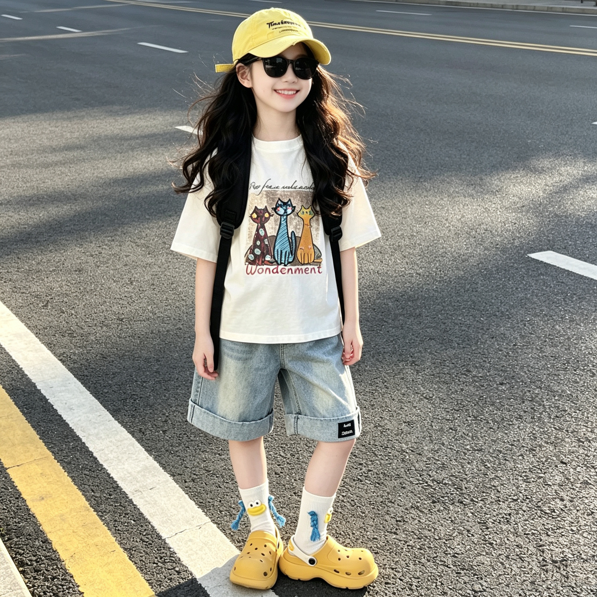 夏季女童韩版休闲穿搭2026初中生卡通猫咪印花短袖牛仔短裤两件套