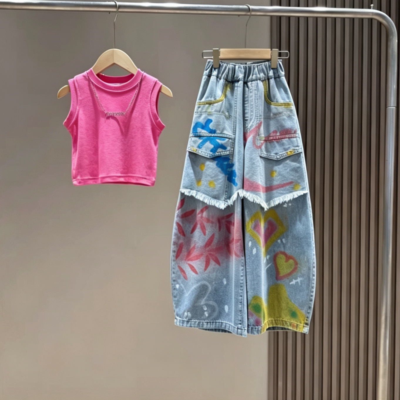 女童背心涂鸦毛边牛仔弯刀裤套装
