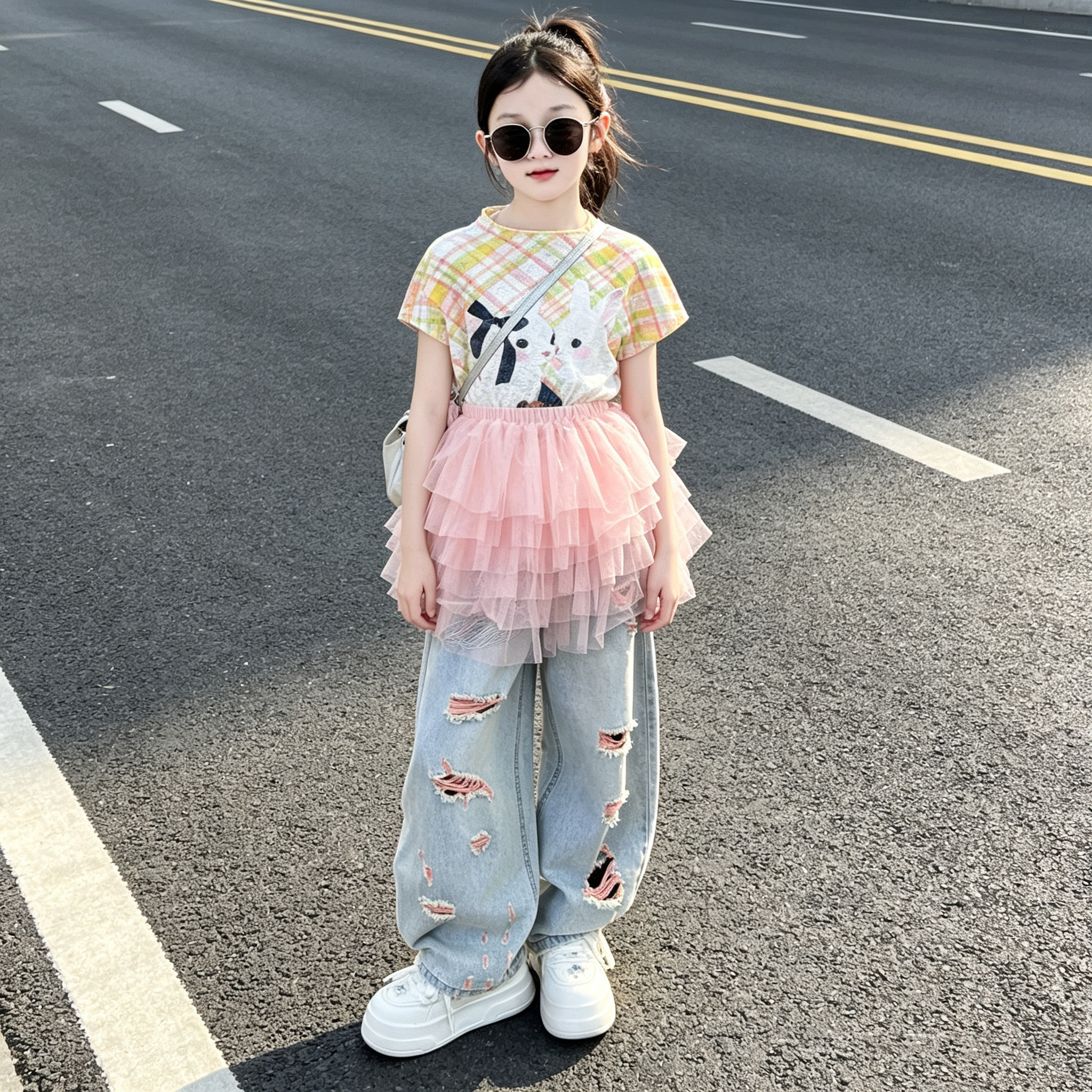 女童短袖蓬蓬屁帘牛仔裤三件套