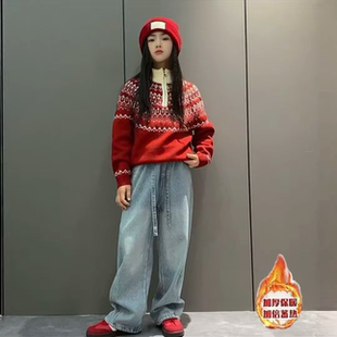 女童费尔岛加厚新年半拉链红色毛衣超好看满天星烫钻牛仔裤套装韩