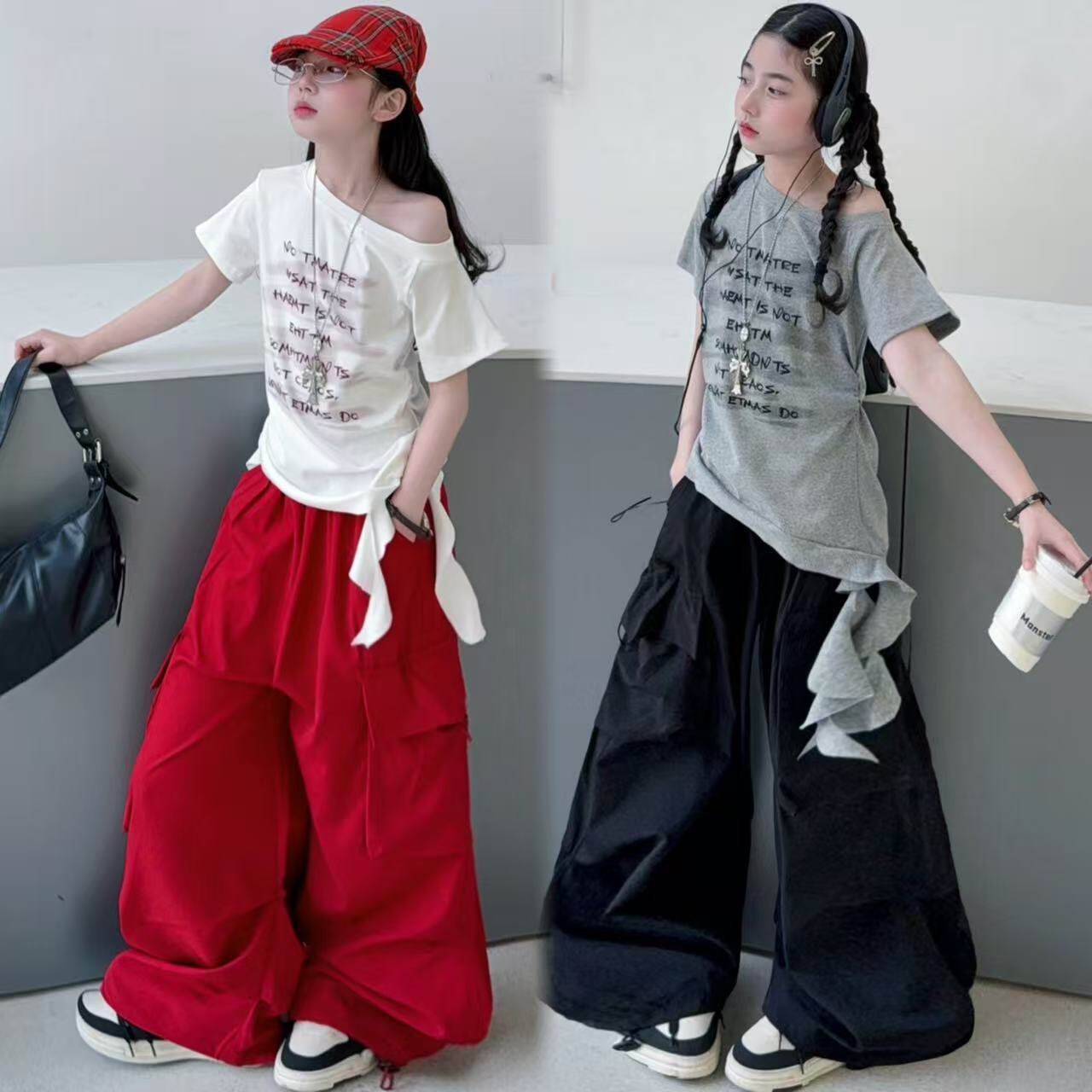 女童设计感不规则修身显瘦短袖美式潮酷工装裤中大童爵士舞套装夏