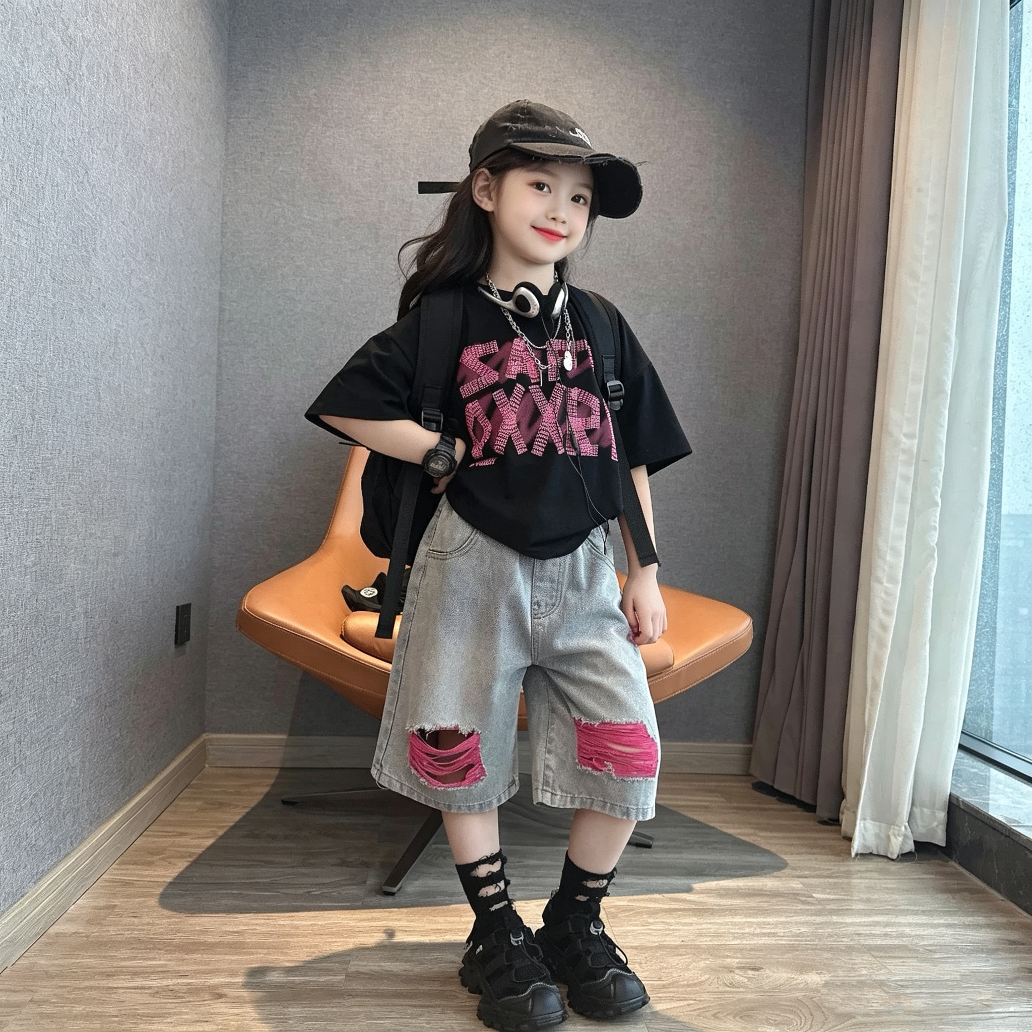 女童宽松字母短袖牛仔中裤套装