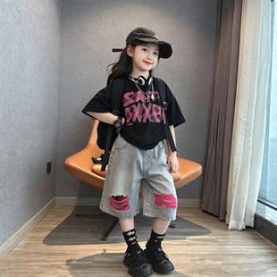 女童夏季潮牌美式宽松字母印花短袖个性百搭破洞牛仔中裤洋气套装