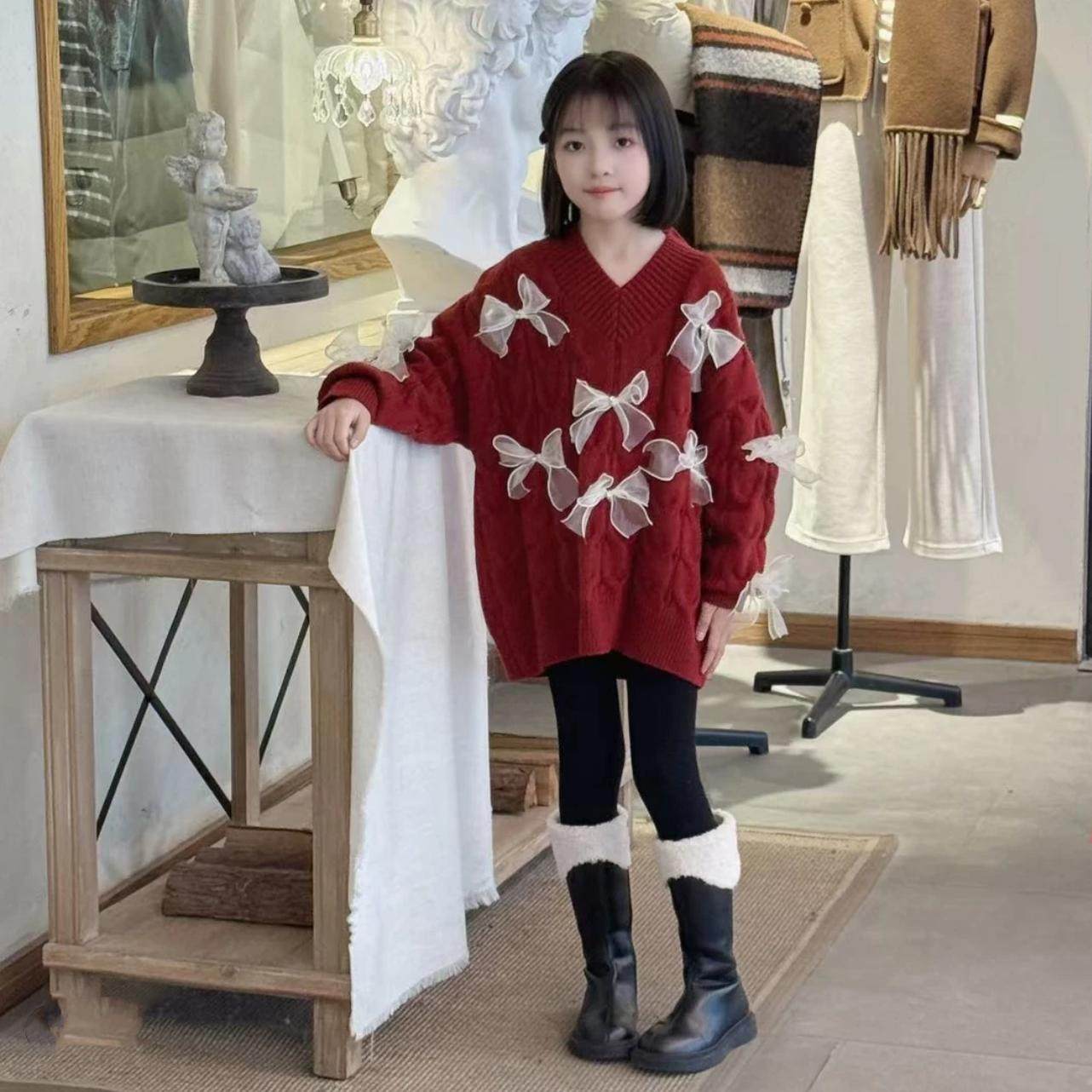女童过年红色宽松慵懒风蝴蝶结V领毛衣一体绒打底鲨鱼裤洋气套装8
