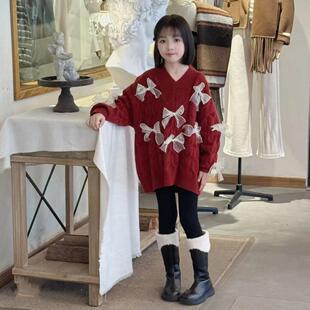 女童过年红色宽松慵懒风蝴蝶结V领毛衣一体绒打底鲨鱼裤洋气套装8