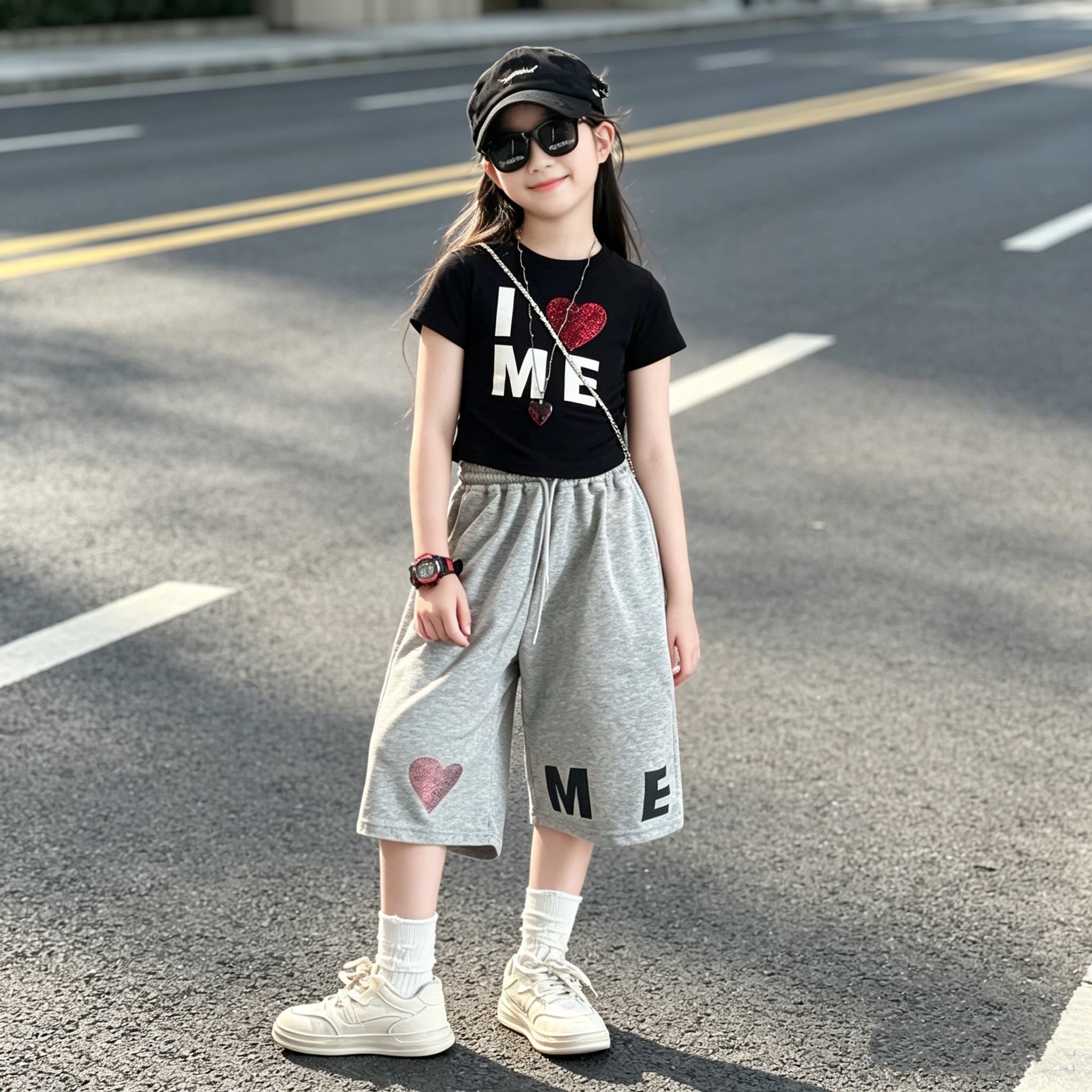 女童字母短袖休闲七分卫裤套装