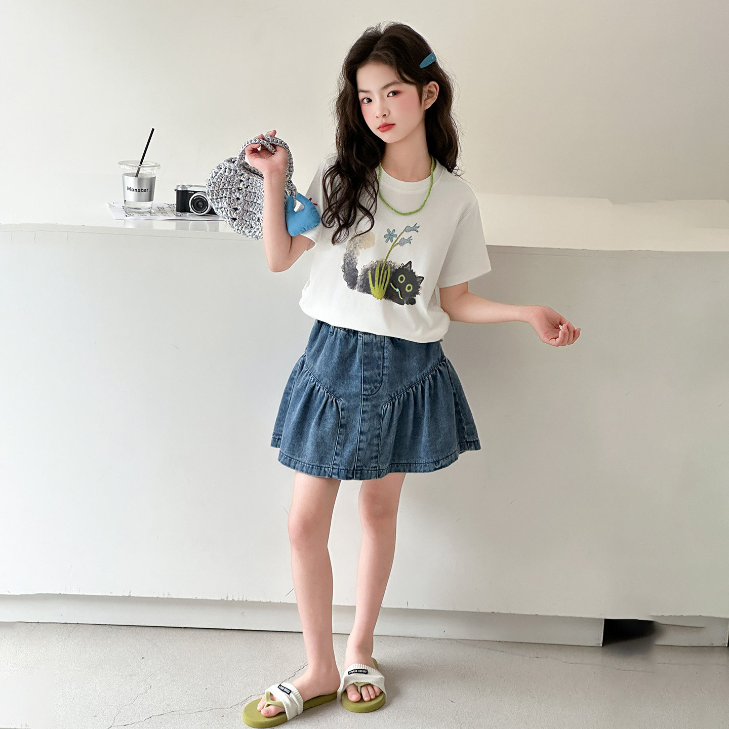 女童卡通猫咪短袖A字牛仔裙套装
