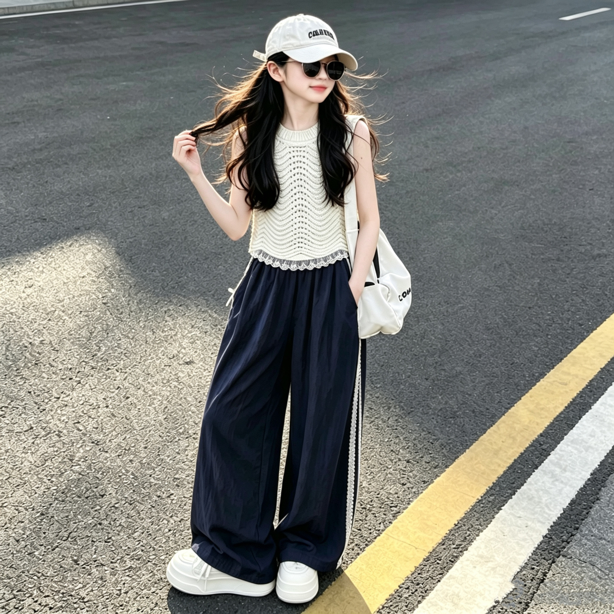 女童针织背心花边阔腿裤时髦套装