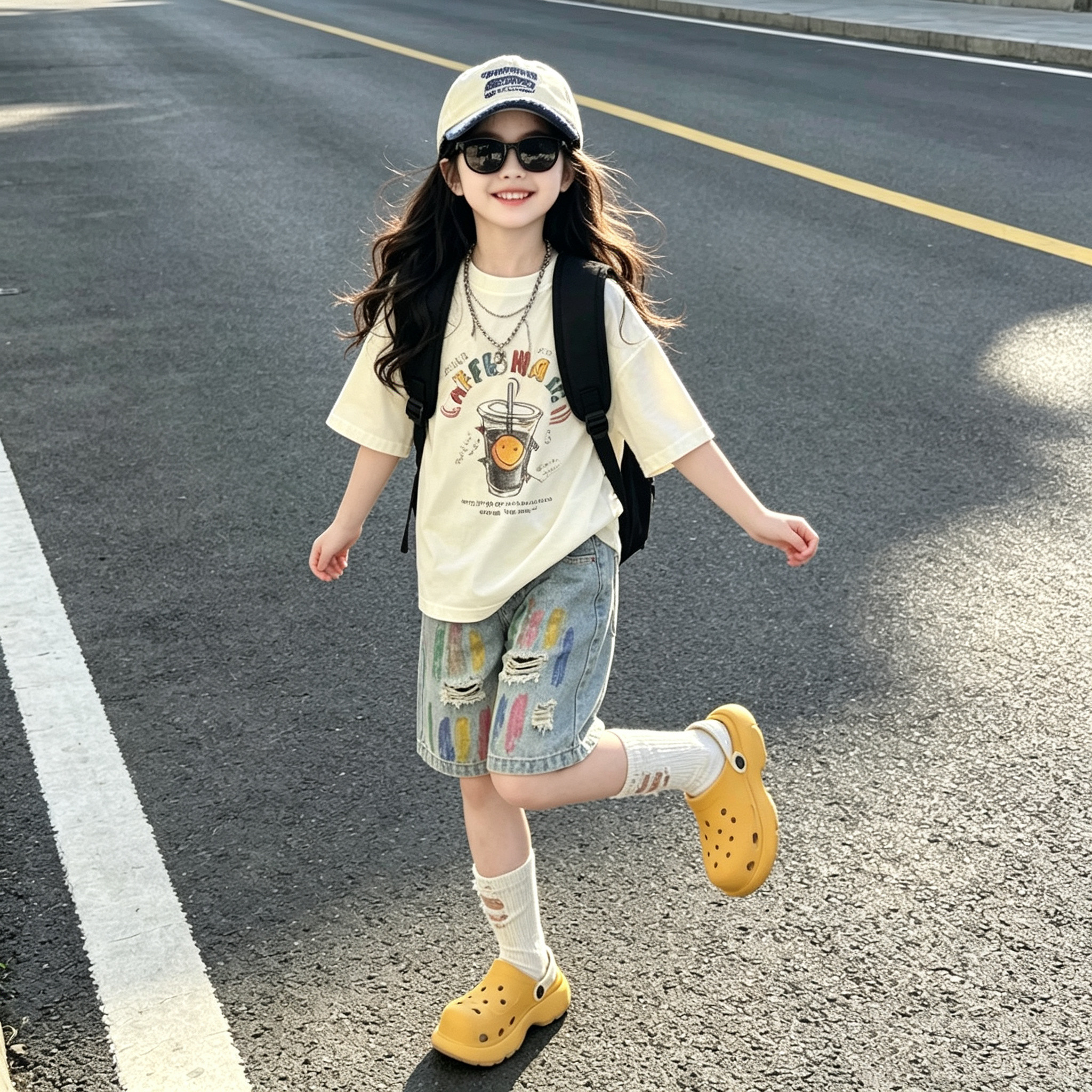 女童夏季潮酷多巴胺彩色涂鸦破洞牛仔中裤中大童洋气时髦短袖套装